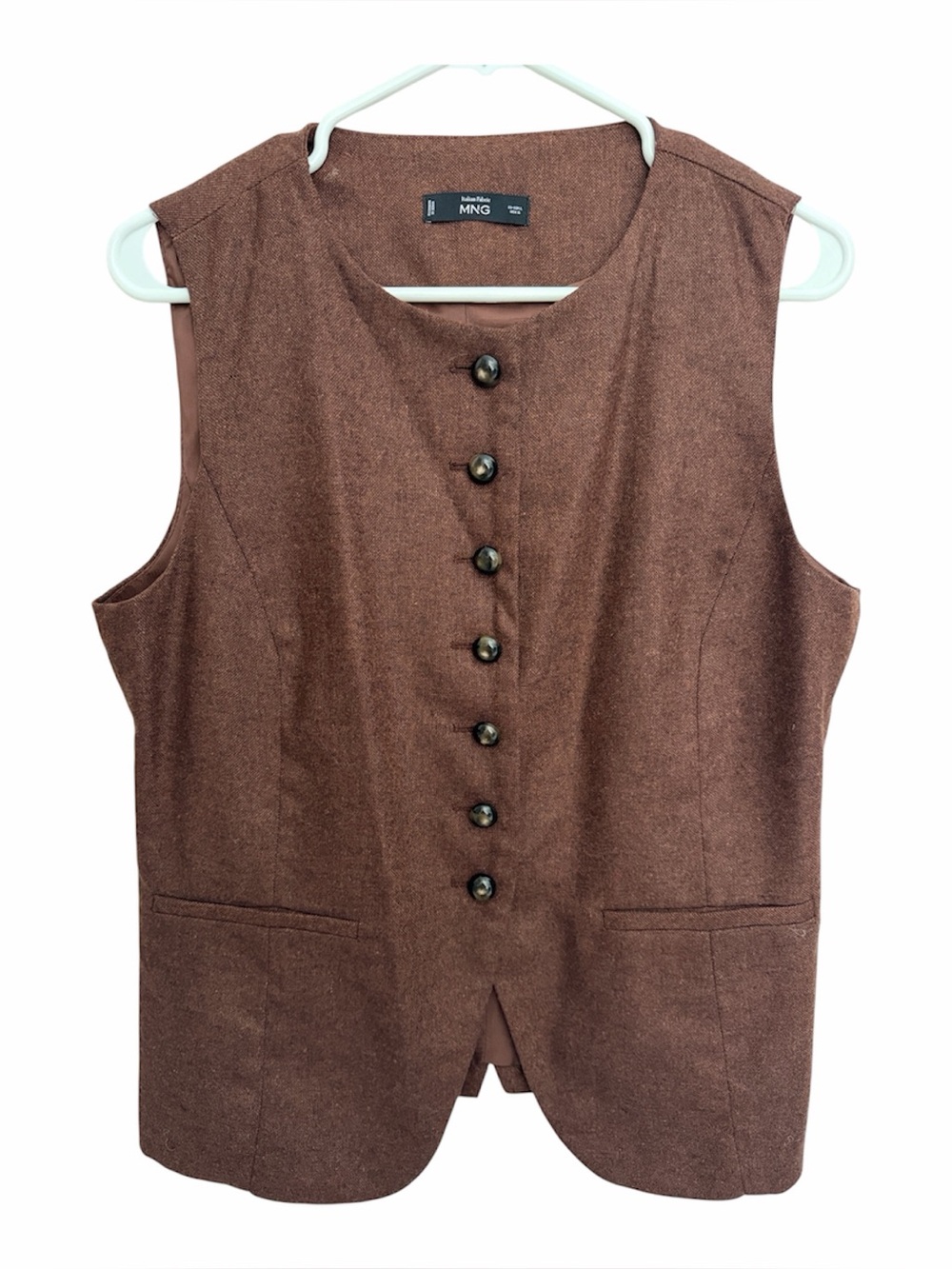 Mango Brown Black Button-Front Sleeveless Tunic Vest. Wool Poly.  Size Large